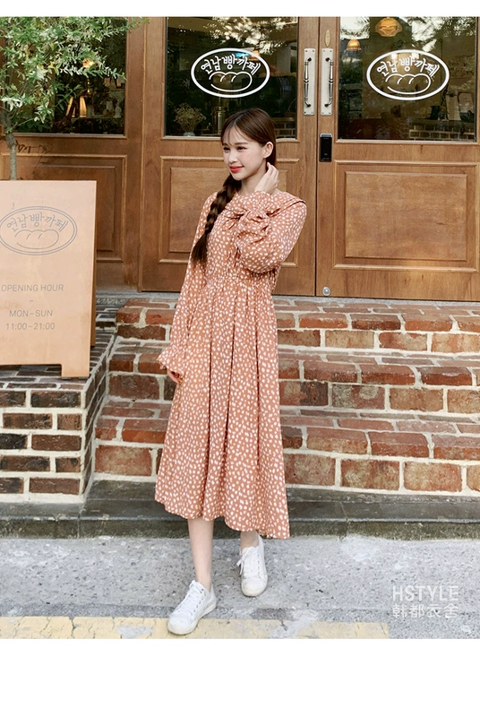 Quần áo Handu 2019 Phụ nữ Hàn Quốc mùa thu mới in eo cao tay áo cánh sen LZ9075 cherry - váy đầm