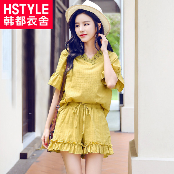 韩都衣舍 18年夏季新款 纯棉 荷叶边宽松两件套 天猫优惠券折后￥90包邮（￥150-60）