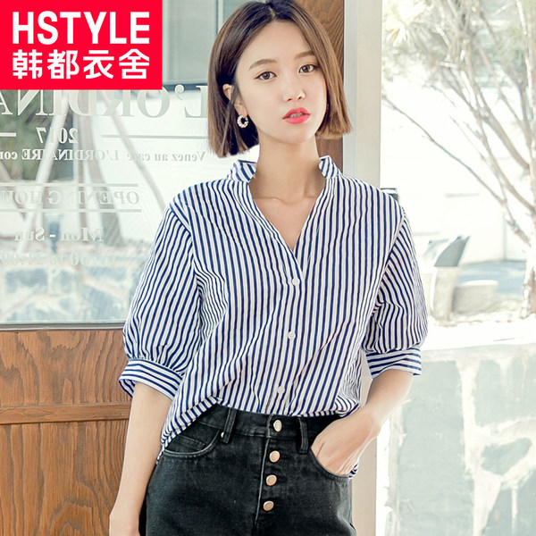 韩都衣舍 纯棉 显瘦V领条纹衬衫 天猫优惠券折后￥78包邮（￥98-20）
