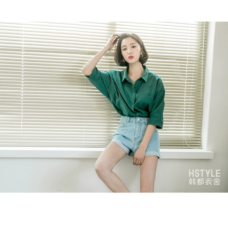 Handu quần áo nhà mùa hè 2019 mới dành cho nữ phiên bản Hàn Quốc của áo tay lửng năm điểm mỏng mỏng màu áo sơ mi tay áo - Áo sơ mi