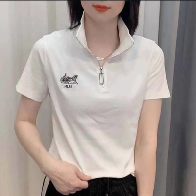 2021夏季新款短袖立领t恤女修身显瘦百搭拉链刺绣体恤上衣小衫潮T