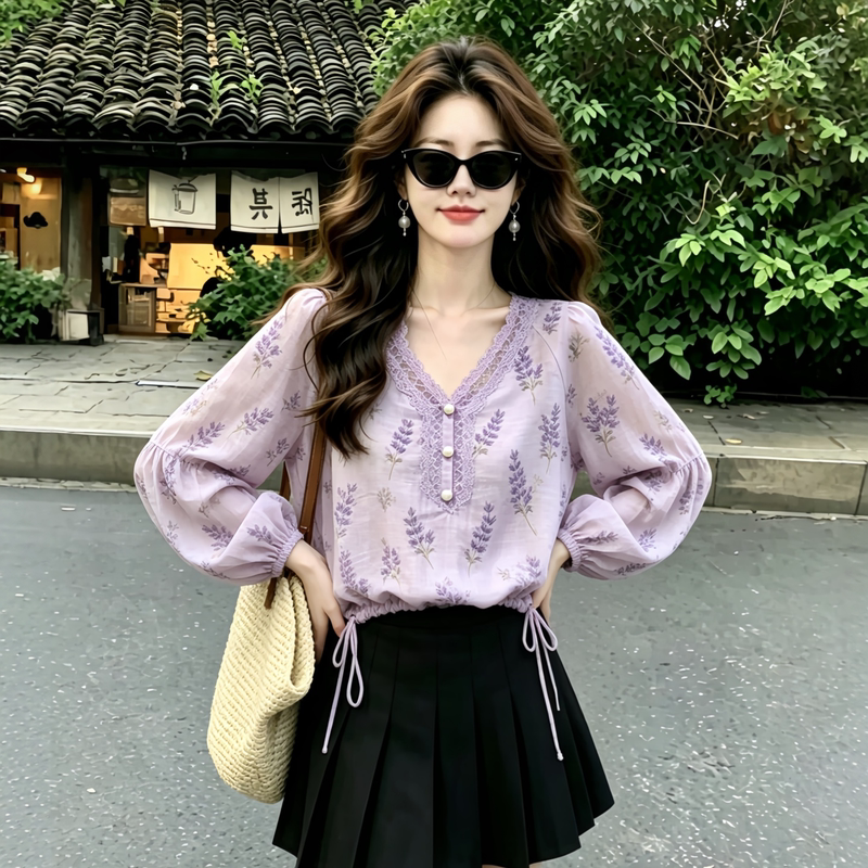 Light Purple Floral V-Neck Lace Top for Women, Summer Design with Drawstring Hem, Waist-Cinching, Gentle Style Lantern Sleeve Shirt Light Purple Floral V-Neck Lace Top for Women, Summer Design with Drawstring Hem, Waist-Cinching, Gentle Style Lantern Sleeve Shirt