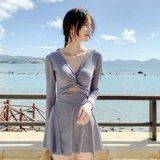 Брендовый купальник, ремень, милый лонгслив, с открытой спиной, V-образный вырез, по фигуре