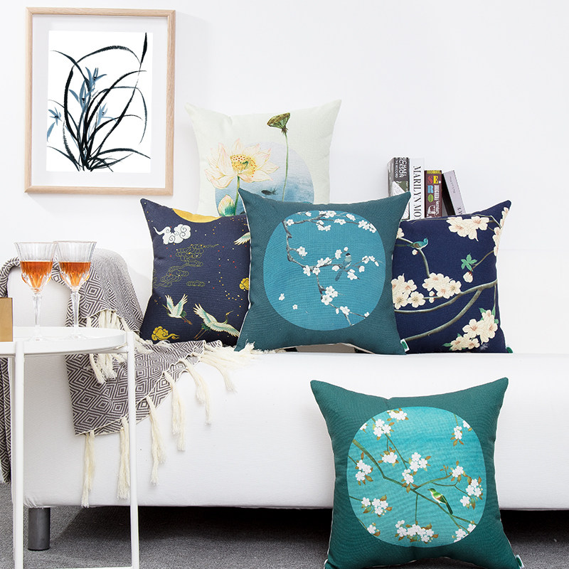 National Wind Plum Blossom Cotton Numb Holding Pillow Chinese Jade Lantu Sofa Leaning Pillow Detachable Pillowcase With Pillow Core Breathable Back Cushion 