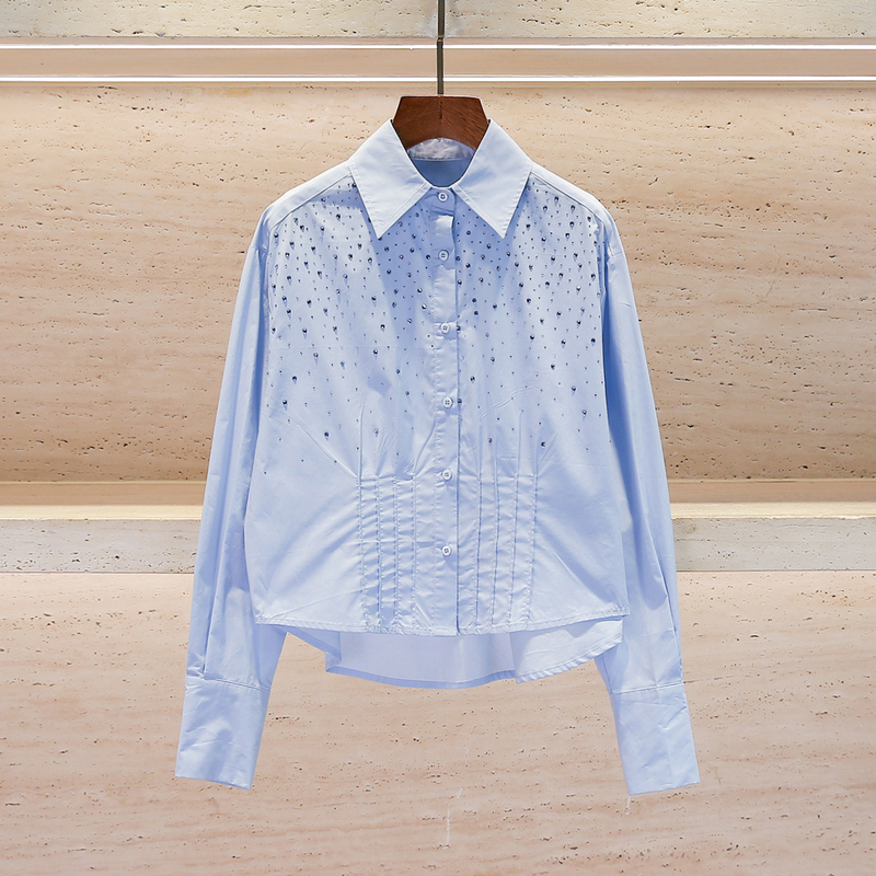 Shenzhen Nanyou High-End Women's Clothing 2026 Summer New French Design Rhinestone Turn-Down Collar Blue Shirt Top for Women