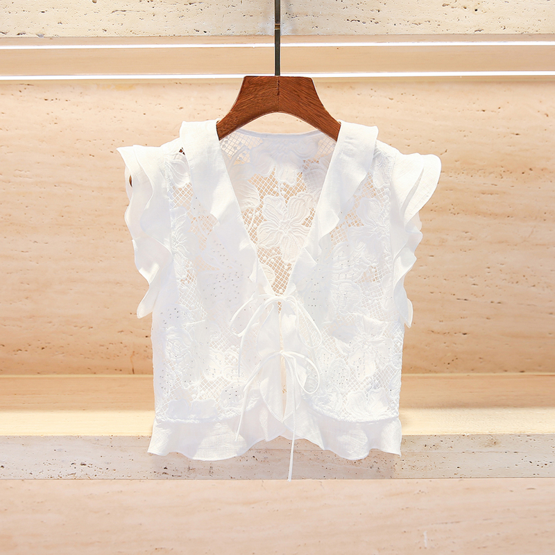S Brand Shenzhen Nanyou High-End Women's Clothing 2026 Spring/Summer Hollow Lace Ruffle White V-Neck Shirt Top for Women