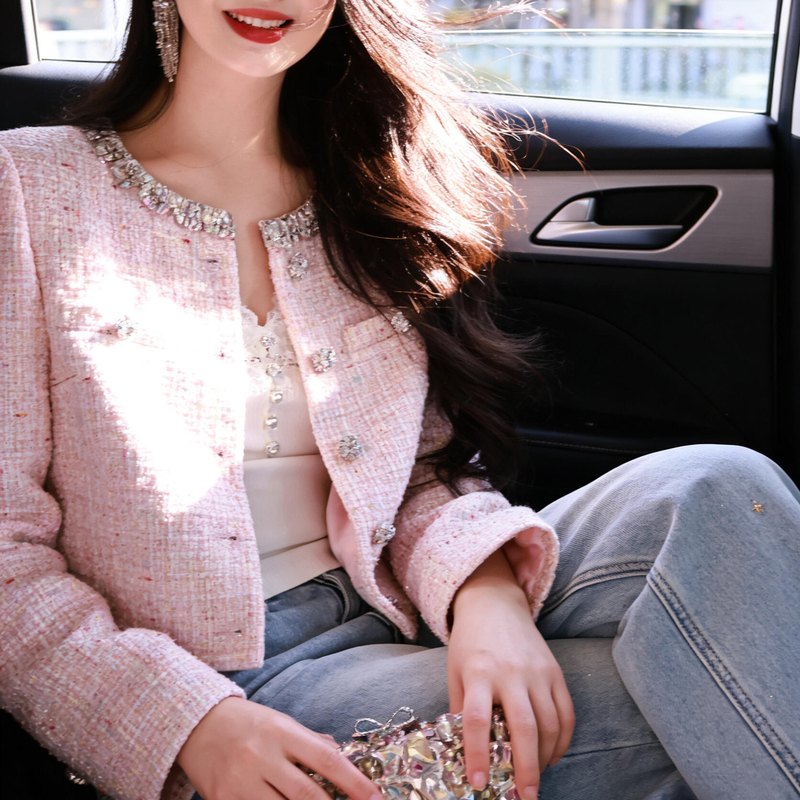 In Stock】Sp Brand Shenzhen Nanyou High-End Women's Clothing 26 Spring Chanel-Style Rhinestone Sequin Tweed Jacket Coat