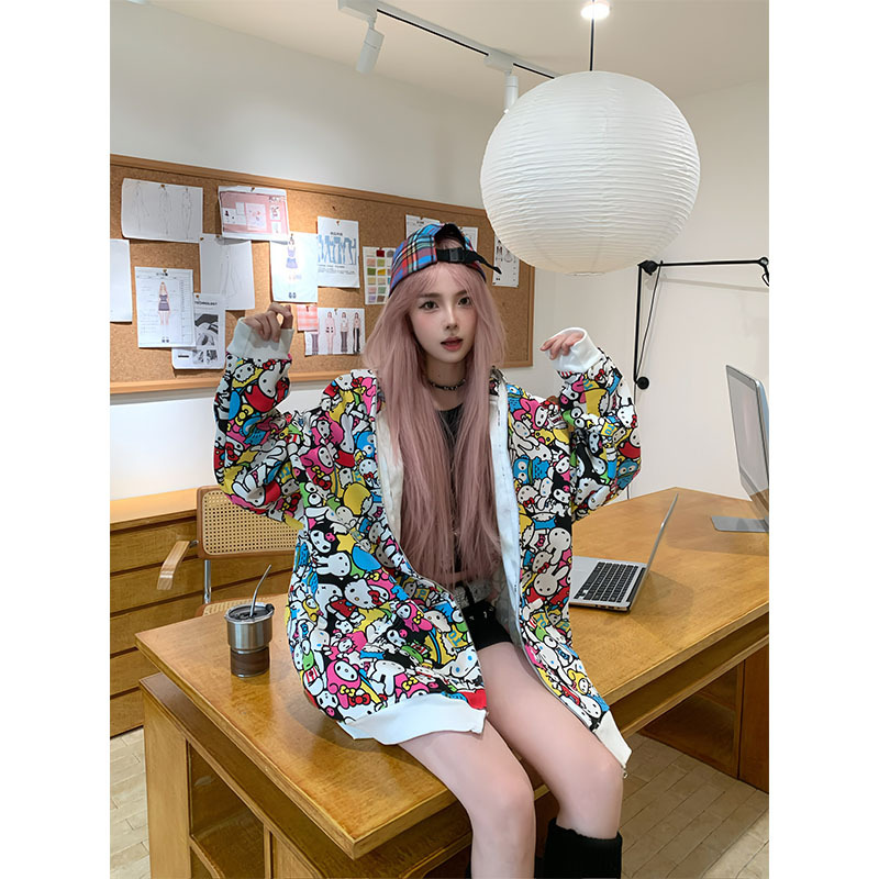 Lively Plan Original American Style Kitty Cat All-Over Print Hooded Sweatshirt for Women, Autumn Casual Loose Cardigan Jacket Trendy