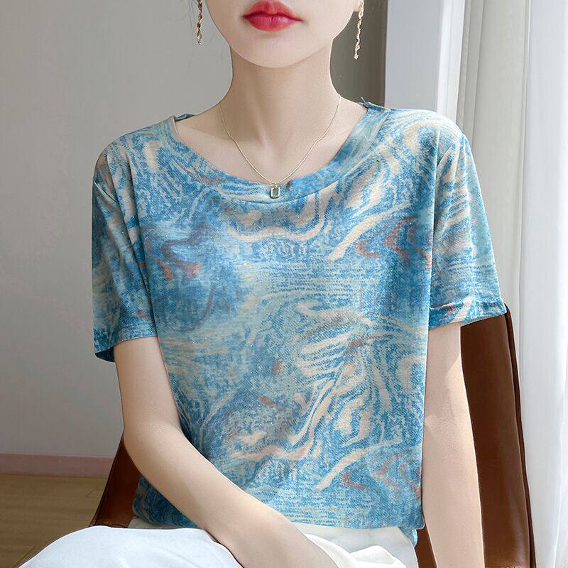 设计感彩色墨画涂鸦短袖T恤女莱赛尔天丝宽松上衣圆领半袖针织衫