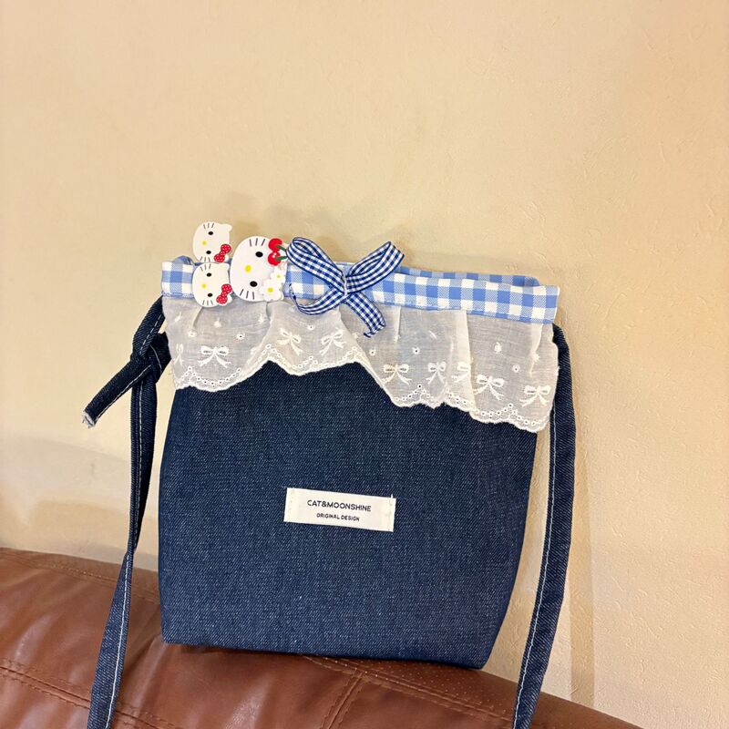 New Korean-Style Denim Bag, Versatile, Fresh, Lace Plaid Crossbody Bag, Niche Phone Bag, Storage Bag, Coin Purse