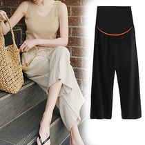 Pregnant women's pants summer thin fashion wear belly pants cotton linen wide leg pants casual loose pants leggings