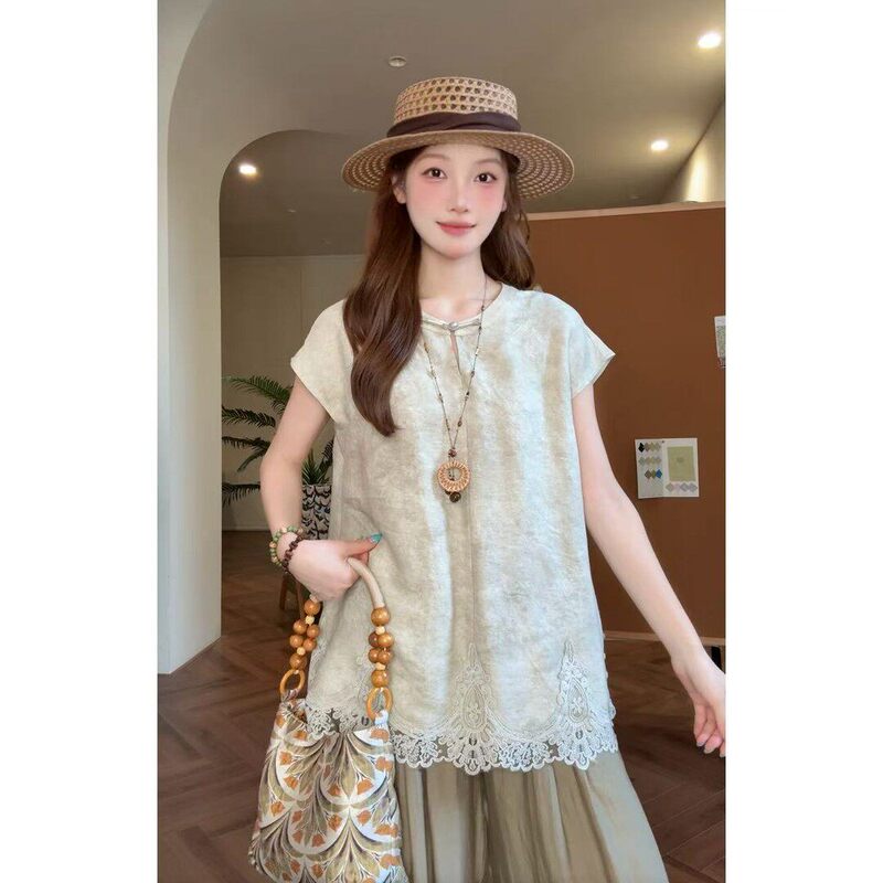 Plus-Size Chinese-Style Lace Patchwork Jacquard Short-Sleeve Button-Down Shirt for Women, Summer Hem Lace Trim, Slimming and Elegant Blouse for Curvy Women Plus-Size Chinese-Style Lace Patchwork Jacquard Short-Sleeve Button-Down Shirt for Women, Summer Hem Lace Trim, Slimming and Elegant Blouse for Curvy Women