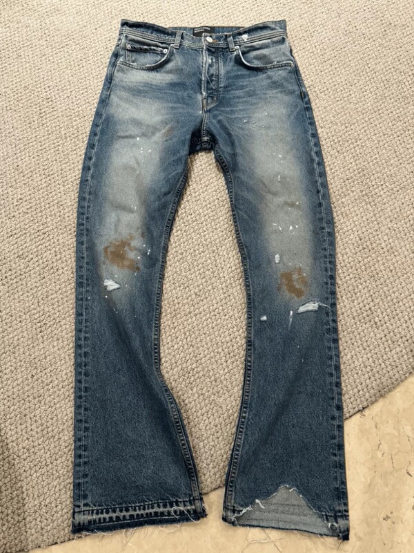 [in Stock] Erd Blue Burnt Distressed Flared Jeans for Men, High Street Style, Ripped, Imported Turkish Fabric