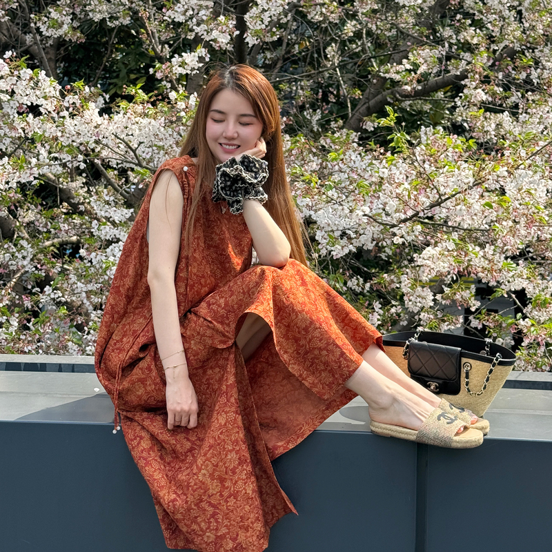 【100% Mulberry Silk】Tuan Silk Brocade Orange Floral Summer Long Dress