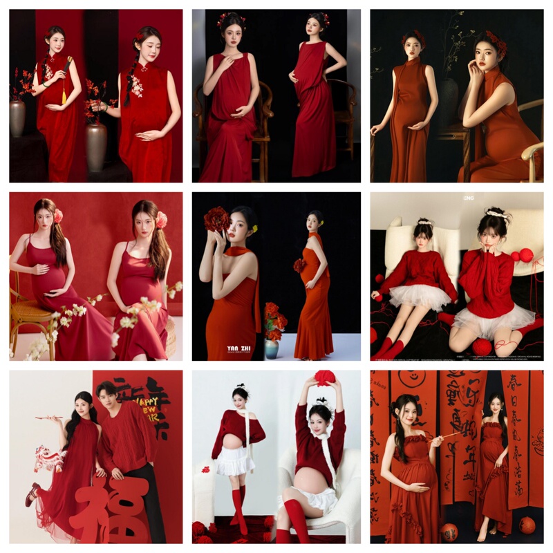Photo Studio New Year Theme Red Chinese Style Maternity Photo Shoot Clothing Festive Pregnant Mommy Photo Shoot Outfit Photo Studio New Year Theme Red Chinese Style Maternity Photo Shoot Clothing Festive Pregnant Mommy Photo Shoot Outfit