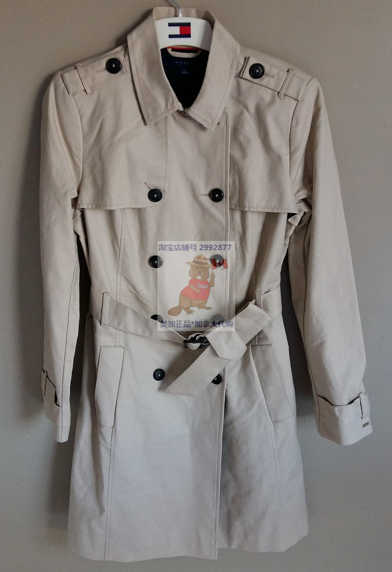 TOMMY HILFIGERTommy Women's Women's Trench Coat Mid Length Beige Dark Blue