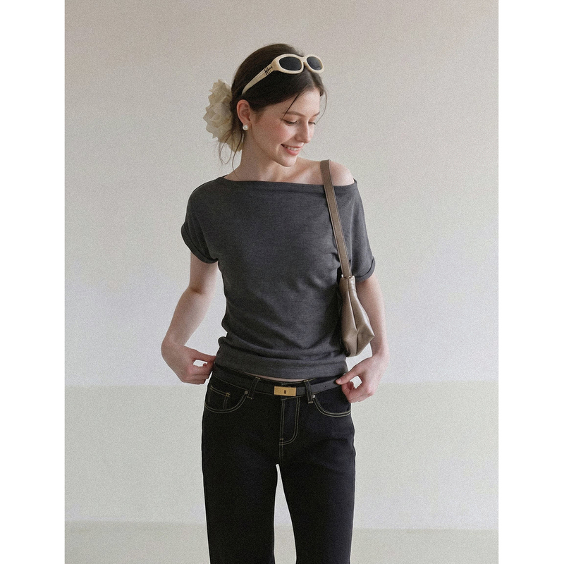 Umoneone Retro Style Casual Off-Shoulder Short-Sleeved Top for Women 2026 Summer Loose Slimming Versatile Dark Gray T-Shirt