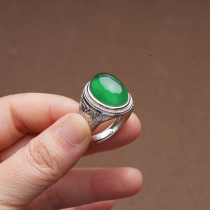 Emerald A Cargo Ring Ice Seed Yang Green Egg Noodles s925 Pure Silver Withdrawal Retro men and women Naked Stone Withdrawal Face Full Green