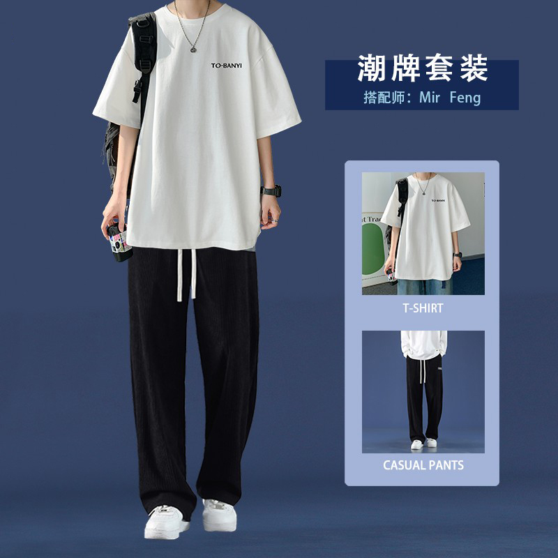 Light Luxury Casual Sports Suit for Men, Summer Thin Trendy Brand Hong Kong Style Loose Versatile Plus Size Youth Outfit Set