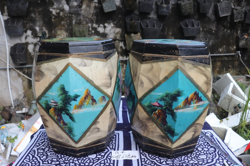 Old Wooden Hand-Painted Bucket Stool, Flower Drum Bucket, Drum Stool, Traditional Drum Storage Stool, Old-Style Flower Stand, Umbrella Bucket