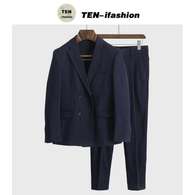 British style men's slim double-breasted suit suit male Korean version of light luxury business formal wear simple high-end suit men