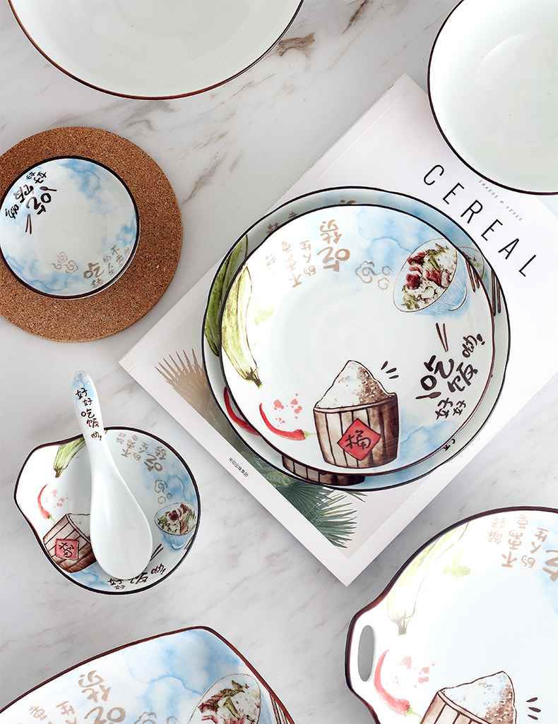 Dishes suit household jingdezhen ceramic creative Japanese eat rice bowl large soup bowl chopsticks spoons tableware portfolio