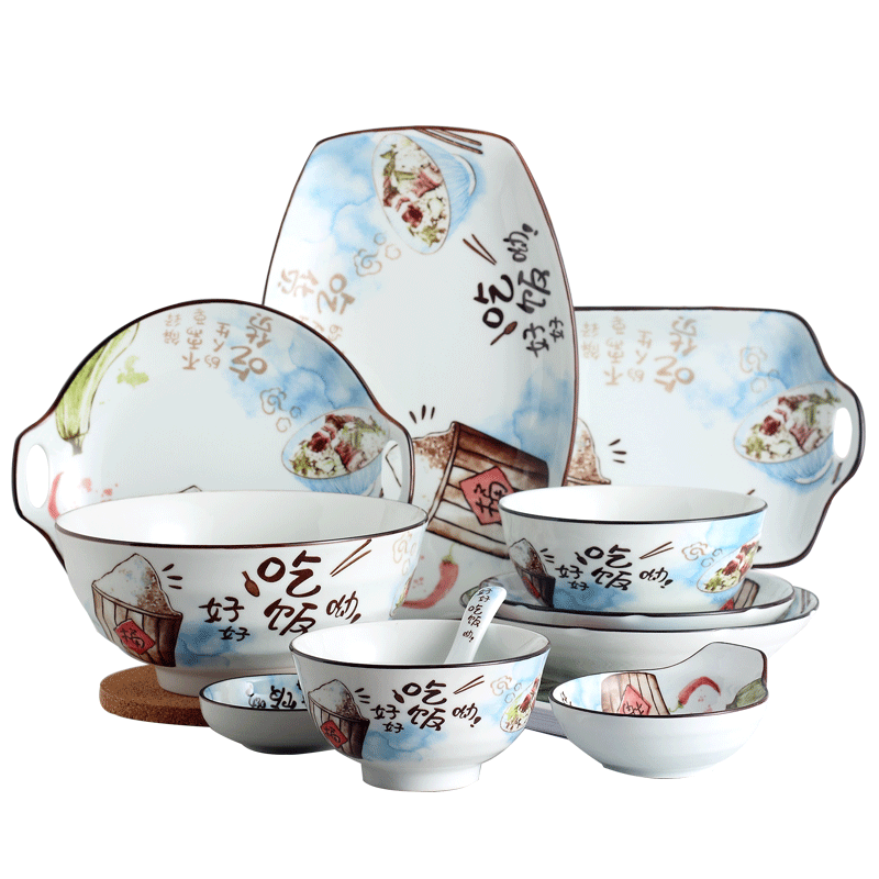 Dishes suit household jingdezhen ceramic creative Japanese eat rice bowl large soup bowl chopsticks spoons tableware portfolio