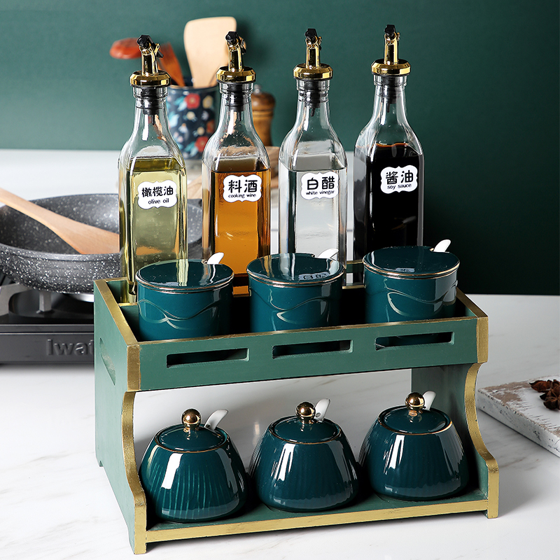 Nordic ceramic condiment boxed set combination of household kitchen seasoning as cans frame oil pot of salt jar storage box