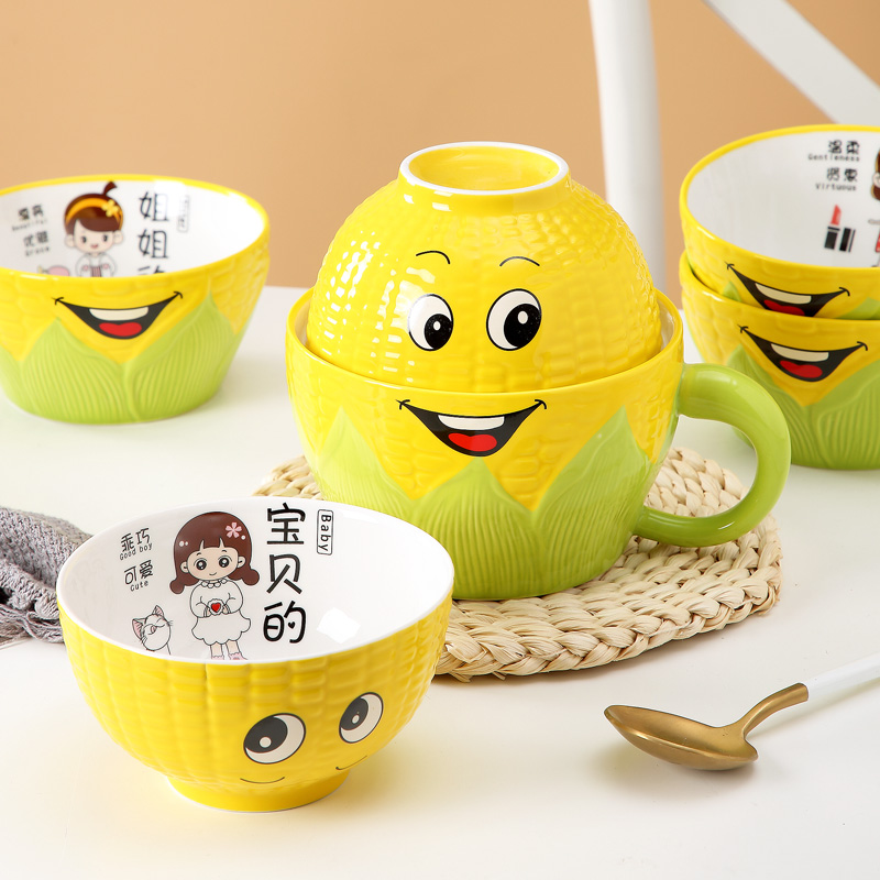 Ceramic bowl household creative move and lovely to eat rice bowls rainbow such use corn salad bowl bowl single parents and tableware