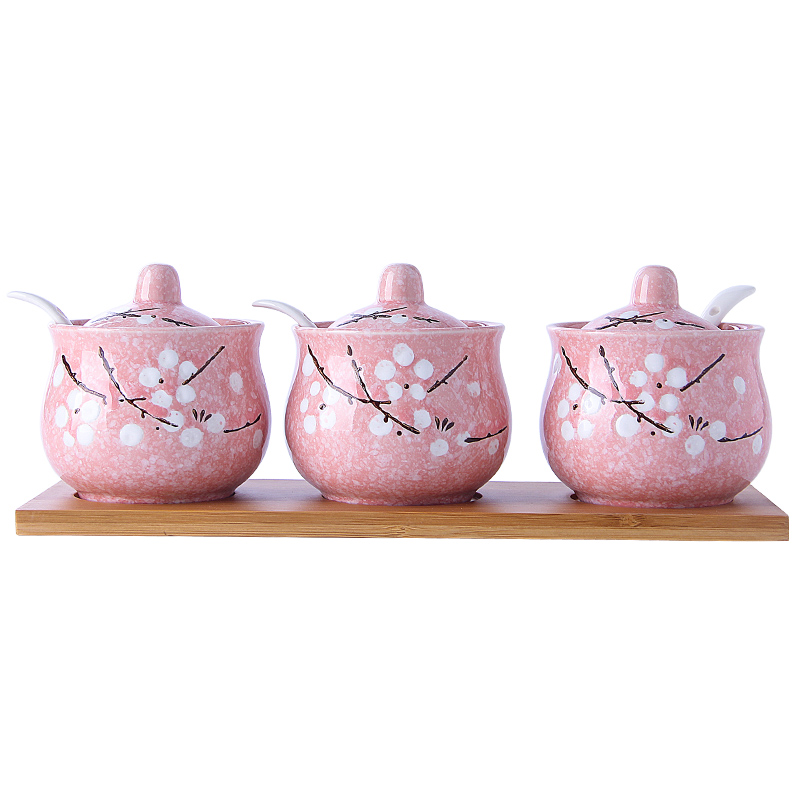 Ceramic seasoning sauce pot home seasoning box bottle combination of three - piece suits for seasoning the receive a case, the cooking pot in the kitchen
