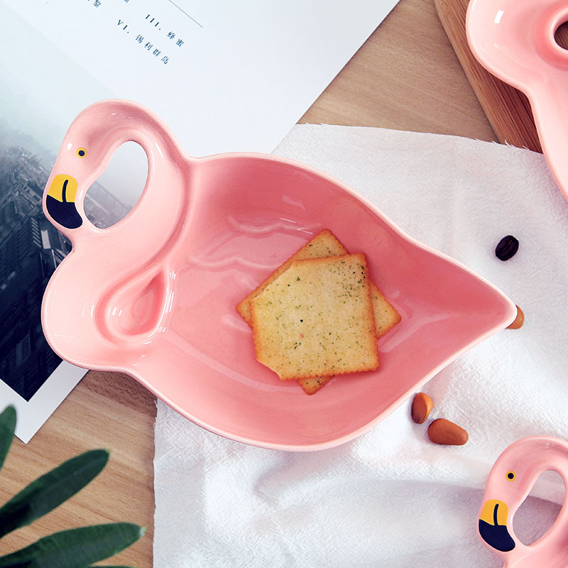 Ins girl hot pink flamingo snacks disc ceramic bowl dessert fruit breakfast snack plate dry fruit tray