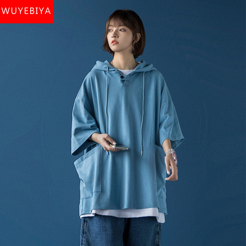 Short-sleeved sweater women's summer 2021 new middle and high school students college style loose and wild thin hooded T-shirt