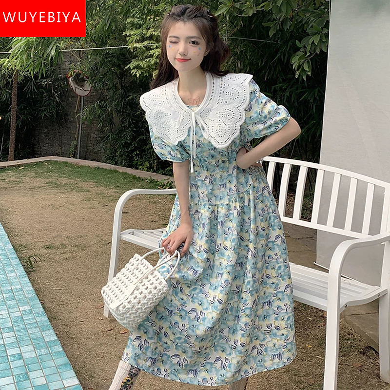 Doll collar dress girls summer dress 2022 new junior high school students floral waist sweet long skirt