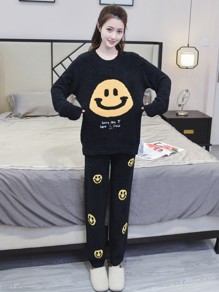 Soft pajamas women's autumn and winter cute smiley half velvet thickened warm coral velvet couple home clothes set