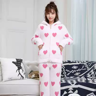 Love soft pajamas women's autumn and winter suit coral velvet thickened sweet and cute zipper can be worn outside home clothes in winter