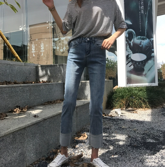 2021 Autumn New Student Loose Straight Pants High Waist Cropped Jeans Women Patchwork Raw Edge Nine Points Denim Pants Female ripped jeans