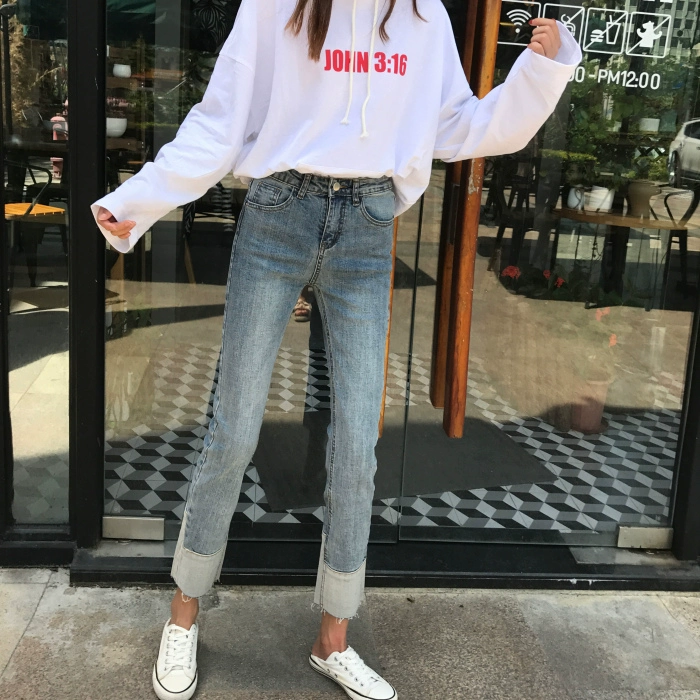 2021 Autumn New Student Loose Straight Pants High Waist Cropped Jeans Women Patchwork Raw Edge Nine Points Denim Pants Female ripped jeans