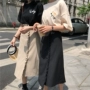 Váy của phụ nữ 2018 mùa hè Hàn Quốc phiên bản mới hoang dã không thường xuyên bằng gỗ tai đơn ngực váy màu rắn sinh viên chân váy màu be
