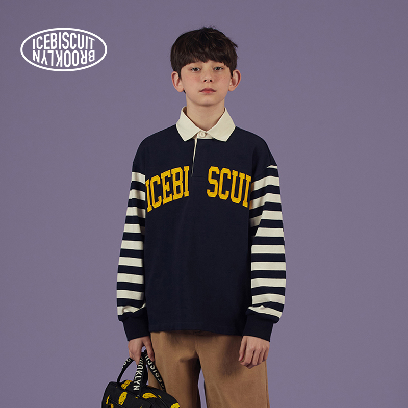 Icebiscuit Autumn and Winter New Striped Rugby T-Shirt Lapel Shirt Collar Polo Shirt for Boys