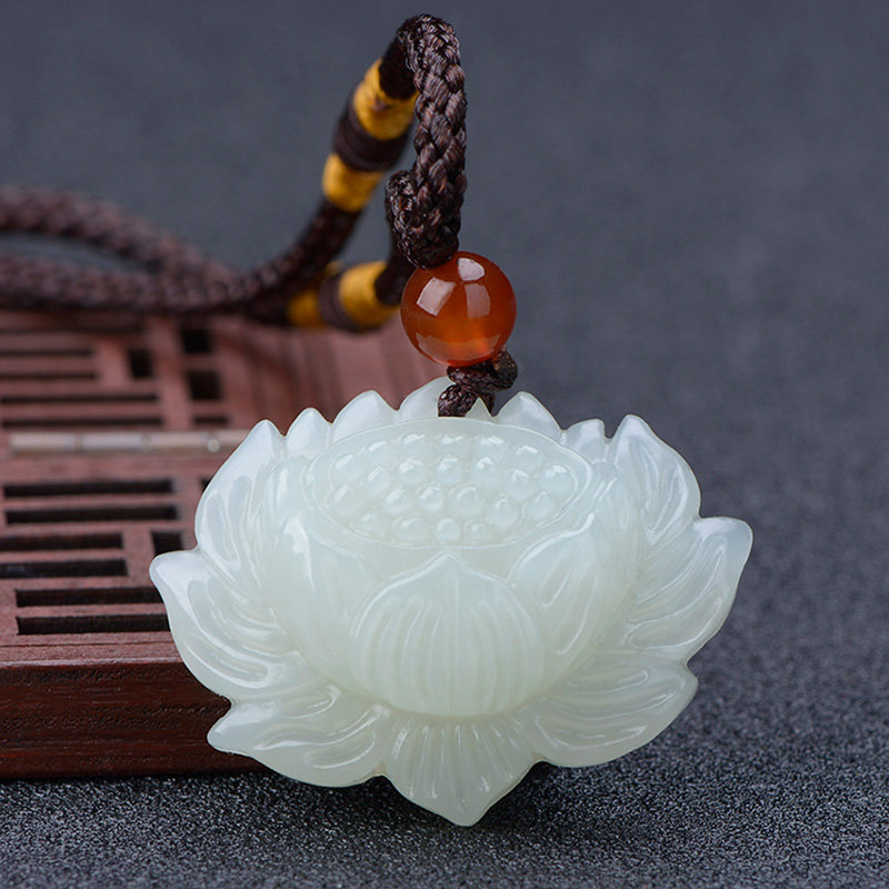 Hetian jade pendant Men's and women's white jade lotus jade pendant Jade jade brand jade pendant Women's money chain pendant