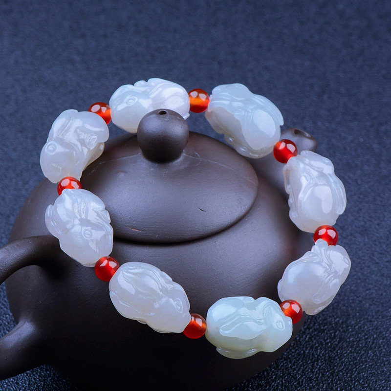 Hetian Jade tobacco purple zodiac rabbit bracelet men and women's original year hand string carving fine material delicate cute rabbit