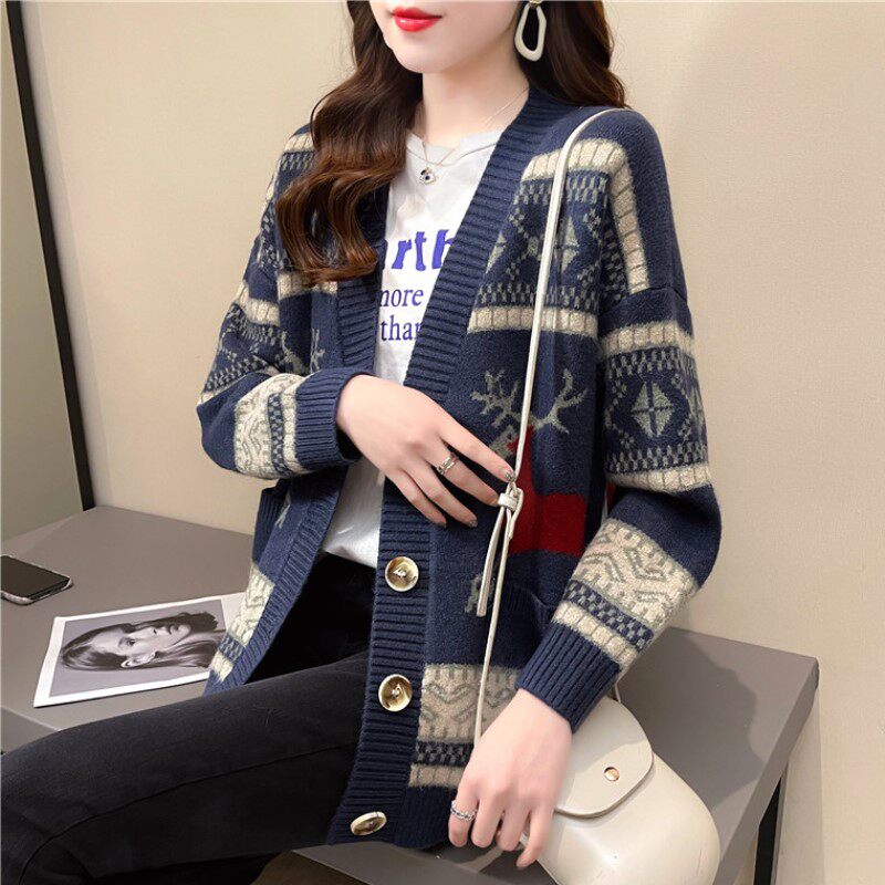 Retro National Wind Small Deer Sweater Jacket Woman Spring Money 2021 New Loose Outside Wearing LAZY WIND KNIT CARDIOVERT
