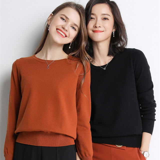 Spring and Autumn Solid Color Sweater Women's Sweater Pullover Round Neck Thin Bottoming Shirt Loose Long Sleeves Versatile
