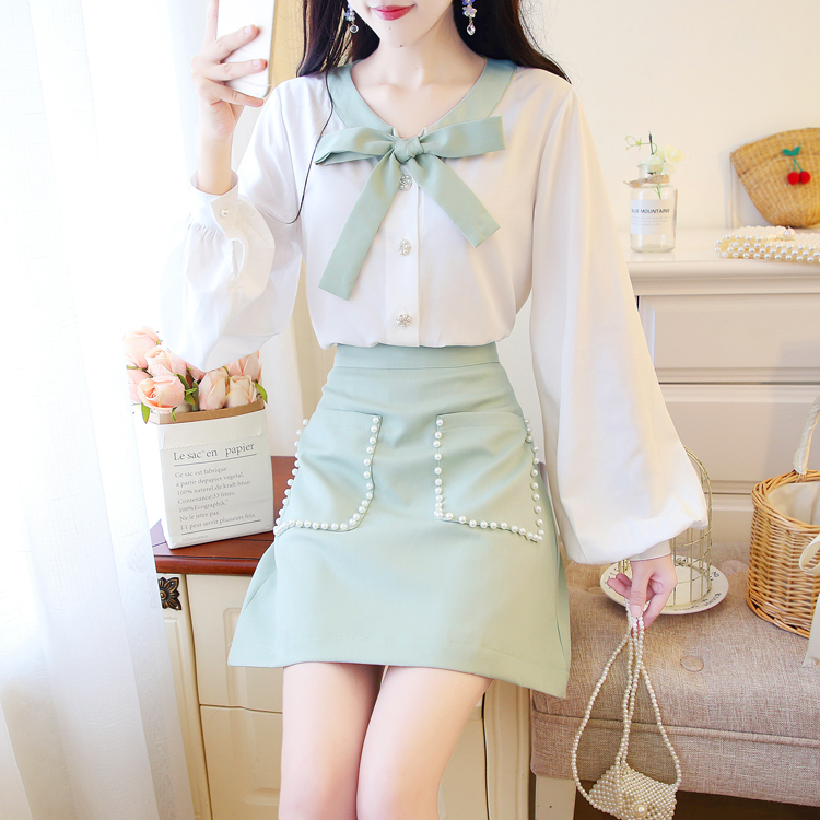 VK旗艦店 韓系抹茶綠蝴蝶結雪紡衫短裙套裝長袖裙裝