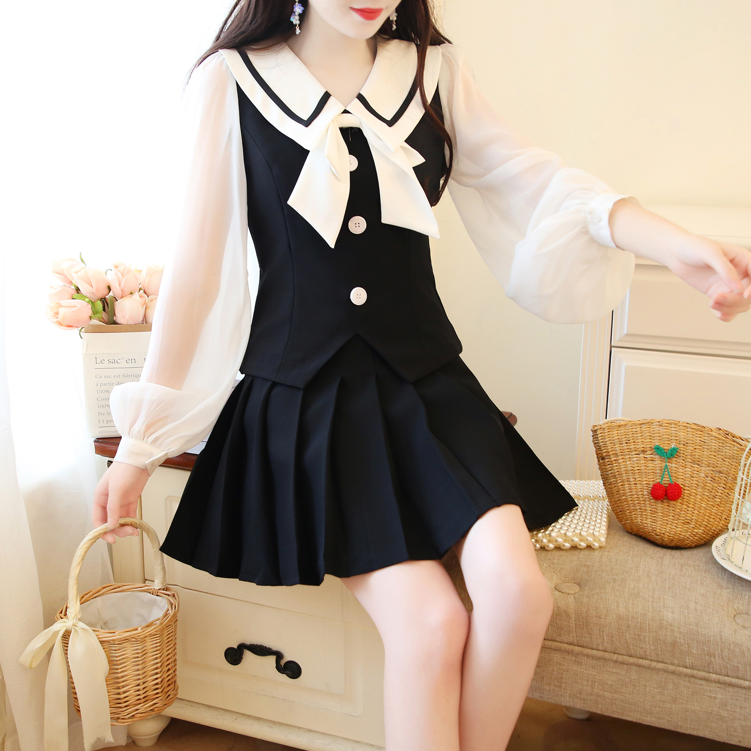 VK旗艦店 韓國學院風雪紡拼接百褶半身裙套裝長袖裙裝