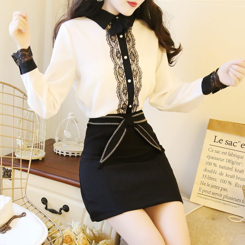 VK旗艦店 韓國風淑女氣質紡襯衫高腰短裙套裝長袖裙裝