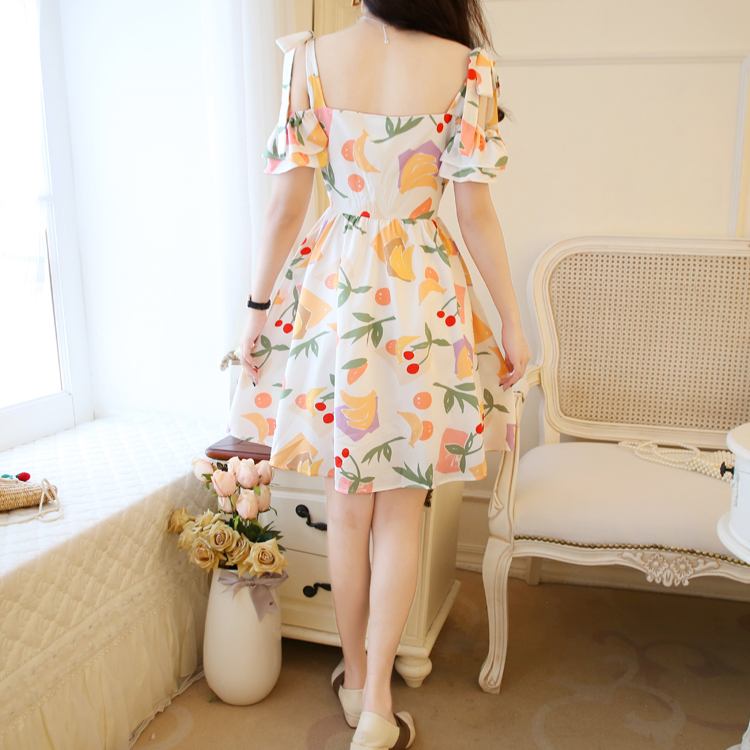 VK旗艦店 韓系碎花水果裙印花蝴蝶結系帶背心短袖洋裝