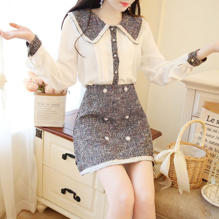 VK旗艦店 韓系小香風娃娃領洋氣顯高套裝長袖裙裝