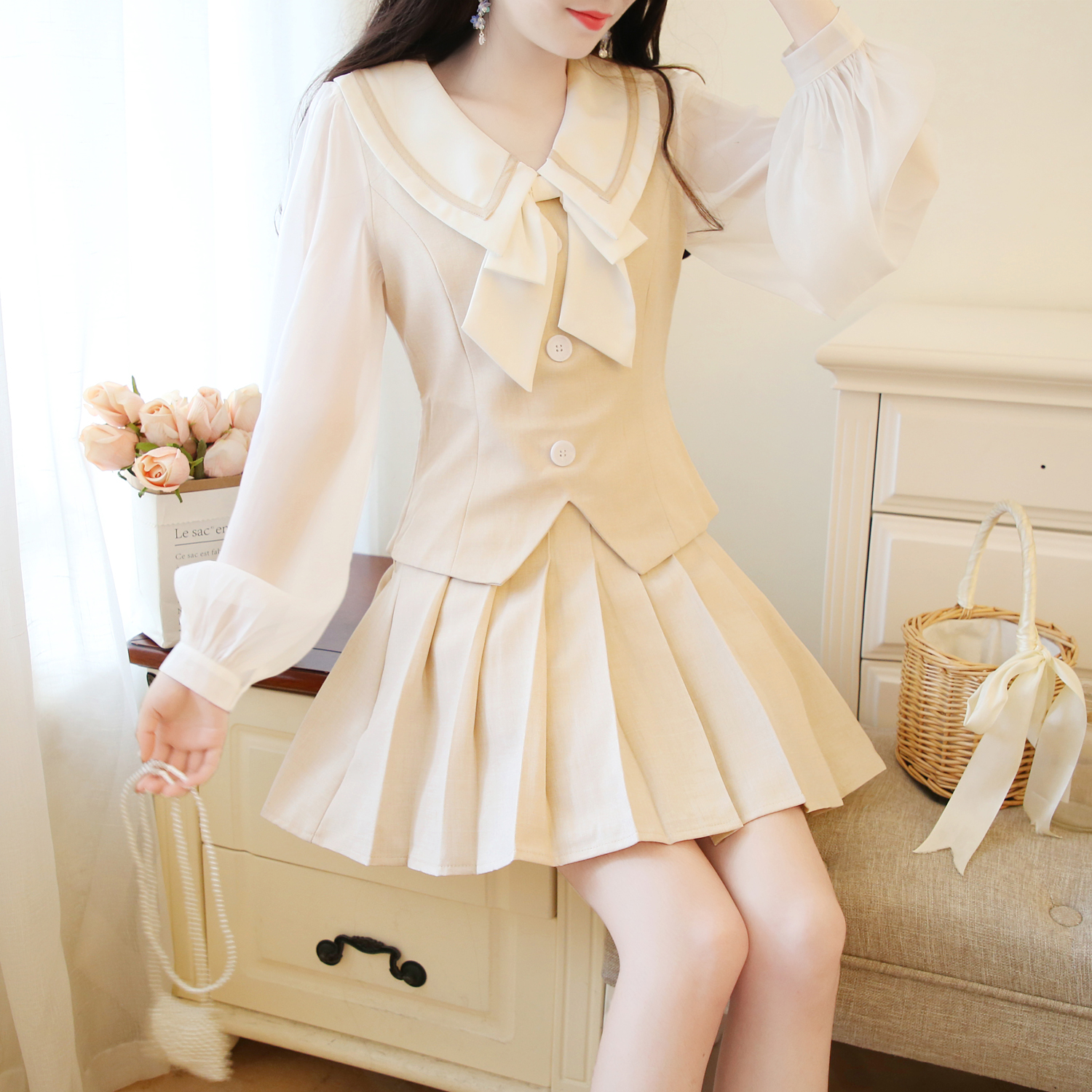 VK旗艦店 韓國學院風雪紡拼接百褶半身裙套裝長袖裙裝