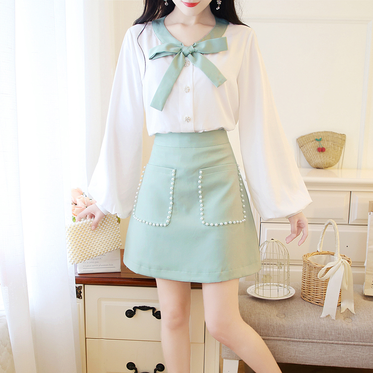VK旗艦店 韓系抹茶綠蝴蝶結雪紡衫短裙套裝長袖裙裝